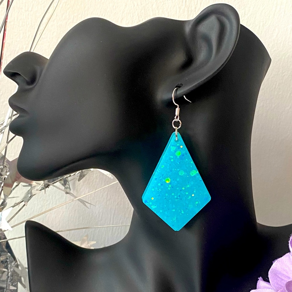 SJB handmade custom blue dangling resin earrings silver fish hook rubber backs